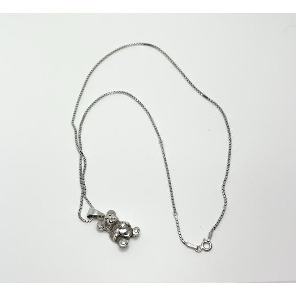 1980s Vintage .925 Sterling Silver & Cubic Zirconia Teddy Bear Pendant & Chain - Picture 2 of 6
